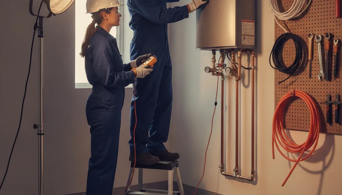 La Jolla, CA plumber installing a tankless water heater for efficient on-demand hot water
